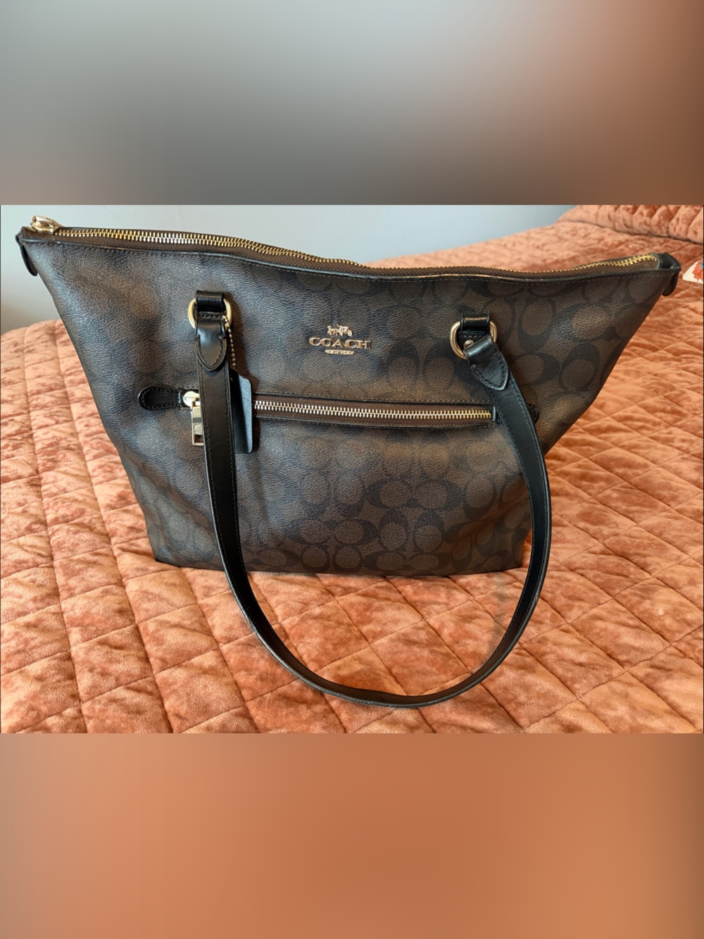 Coach Brown Signature Canvas Shoulder Bag with Black Trim Previously owned